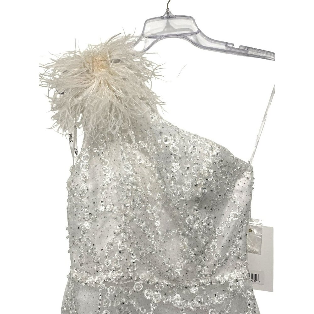 Mac Duggal One Shoulder White Sequin Feather Embellished Gown Maxi Dress Sz 2 - Picture 6 of 10